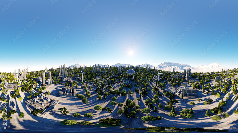 360 degrees. futuristic city, town. Architecture of the future. Aerial