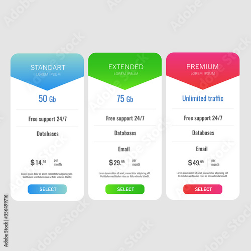 Business Plans Web comparison pricing table isolated on transparent background. Art design modern banner list. Abstract concept graphic websites, applications element