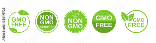 GMO free icons. Non GMO label set. Healthy organic food concept. No GMO design elements for tags, product packag, food symbol, emblems, stickers. Vegan, bio. Vector illustration photo