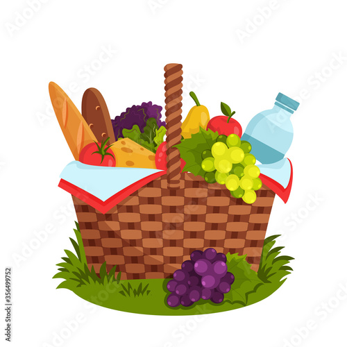 Wicker picnic basket full of healthy food. Picnic basket on grass. Bottle of water, apple, pear, cheese, baguette, grapes, tomato, salad. Vector illustration in flat style. Family outdoor activity