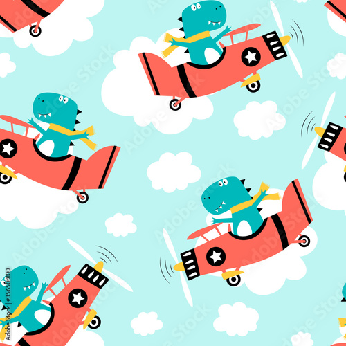 Hand drawing plane and cute dinosaur seamless pattern print design. Cartoon vector illustration.