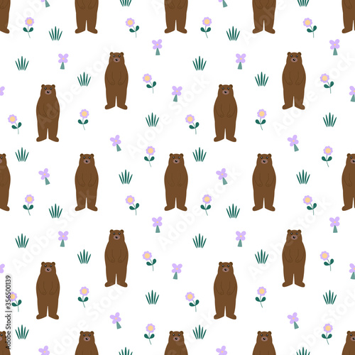 Vector seamless pattern of cute grizzly bears and flowers.