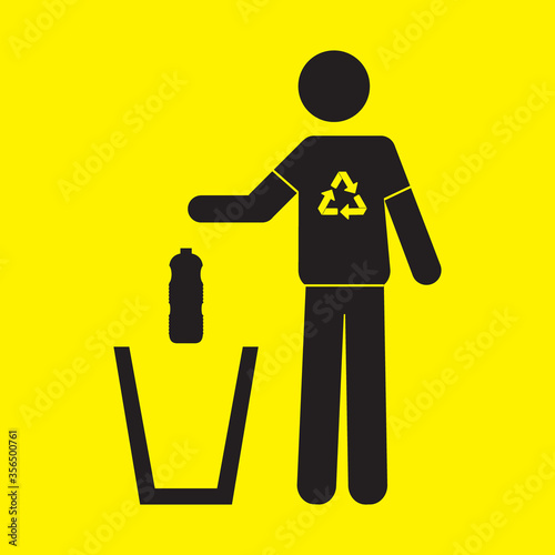 Icon of of a person throwing a plastic bottle in a trash can. Recycling concept