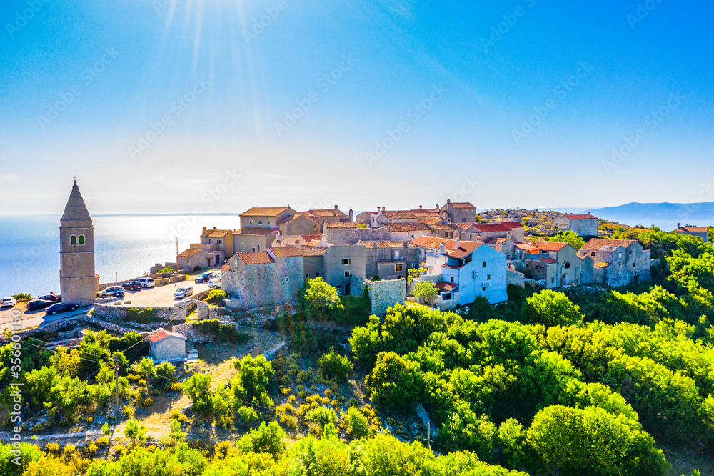 Beautiful small town Lubenice on Cres island, aerial view. Cres, Croatia