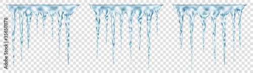 Set of groups of translucent light blue realistic icicles of different lengths connected at the top. For use on light background. Transparency only in vector format