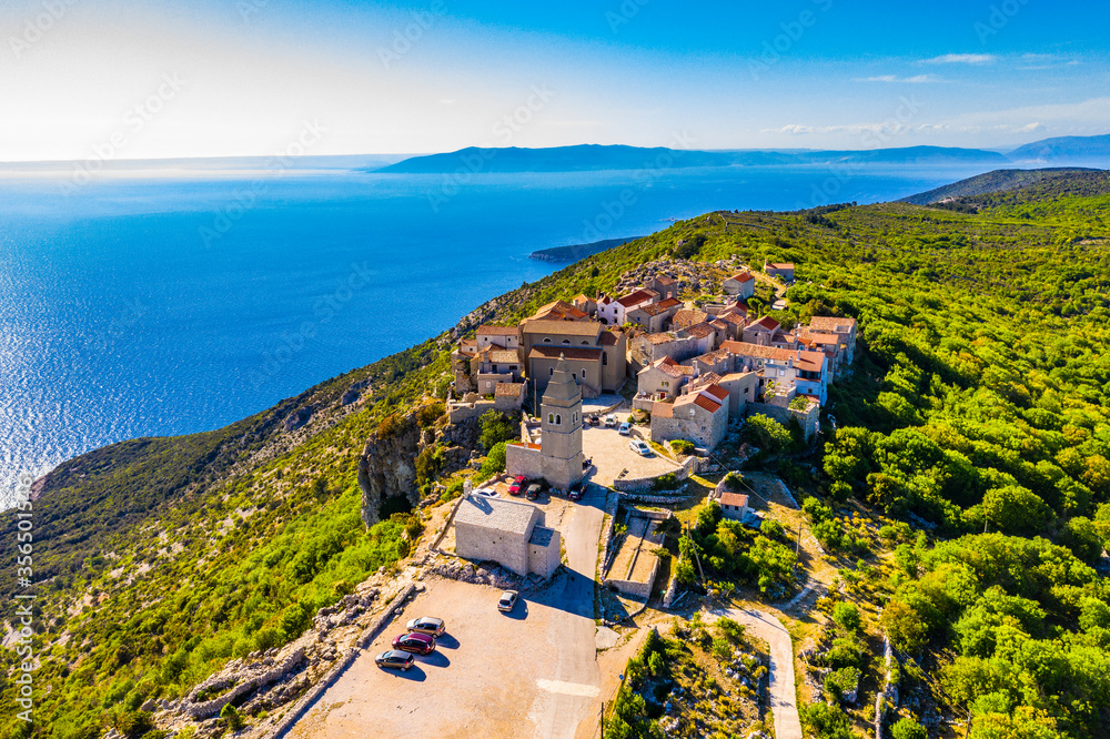 Beautiful small town Lubenice on Cres island, aerial view. Cres, Croatia