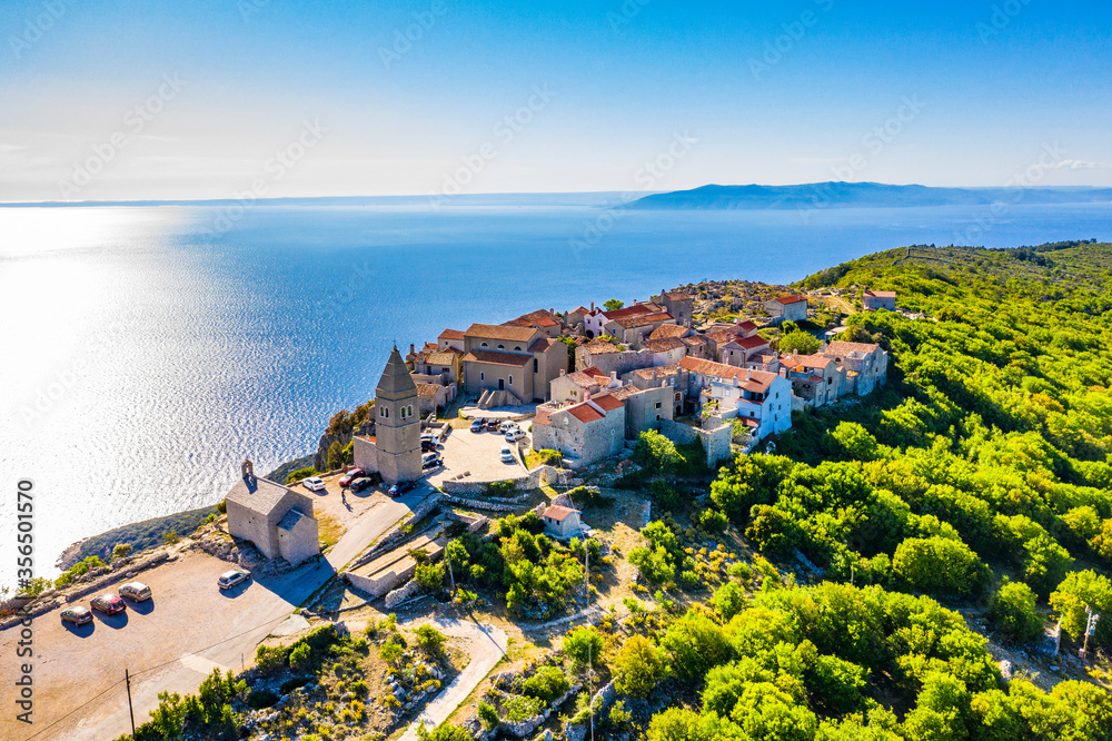 Beautiful small town Lubenice on Cres island, aerial view. Cres, Croatia