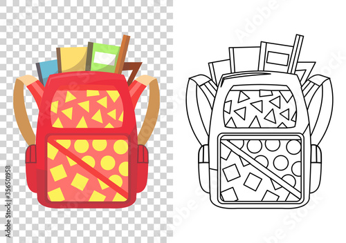 Kids school backpack. Colorful school bag. Education and study, backpack icon. Extravagant student satchel. Sketch and color style vector illustration on transparent background