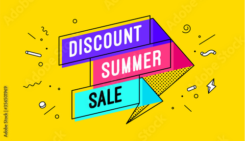 Discount Summer Sale. 3d sale banner with text Discount Summer Sale for emotion, motivation. Modern 3d colorful web template on black backdrop. Design elements for sale, discount. Vector Illustration