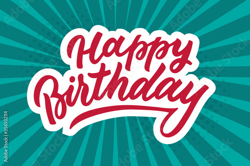 Happy birthday greeting postcard with handwritten brush lettering on radial blue and turquoise backgrpund.