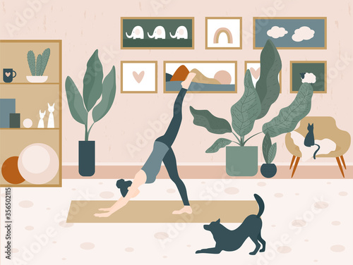 girl and a dog do yoga at home. Funny cartoon illustration for use in design