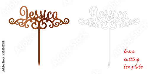 Sign 'Jessica' cake toppers for laser or milling cut. Cut for decoration design. Name topper. Holiday greeting. Elegant decoration. Laser cut. Isolated design element.