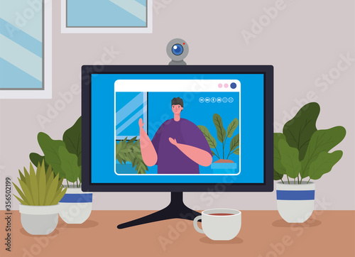 Man avatar on computer in video chat design, Call online conference and webcam theme Vector illustration