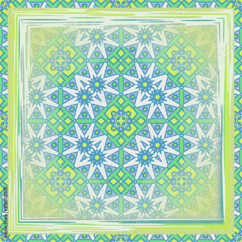 Creative color abstract geometric pattern in green and blue, vector seamless, can be used for printing onto fabric, interior, design, textile, tiles, pillows. Frame.