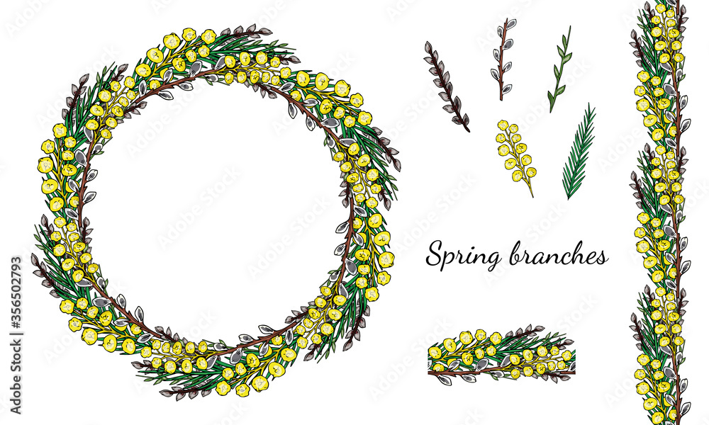 Spring branches. Willow, mimosa, green and brown branches. Set of isolated elements from a white background. Wreath. Seamless pattern brush. Easter holiday decor set. Vector stock illustration. Spring branches. Willow, mimosa, green and brown branches. Set of isolated elements from a white background. Wreath. Seamless pattern brush. Easter holiday decor set. Vector stock illustration.