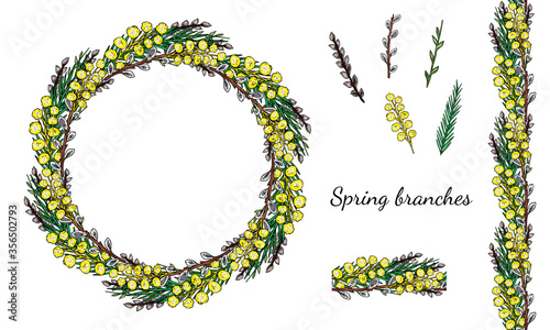 Spring branches. Willow, mimosa, green and brown branches. Set of isolated elements from a white background. Wreath. Seamless pattern brush. Easter holiday decor set. Vector stock illustration.