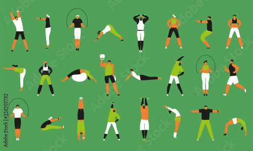Big sport set. People lead a healthy lifestyle and are engaged in fitness and sports. Pattern. Vector illustration in a flat style.