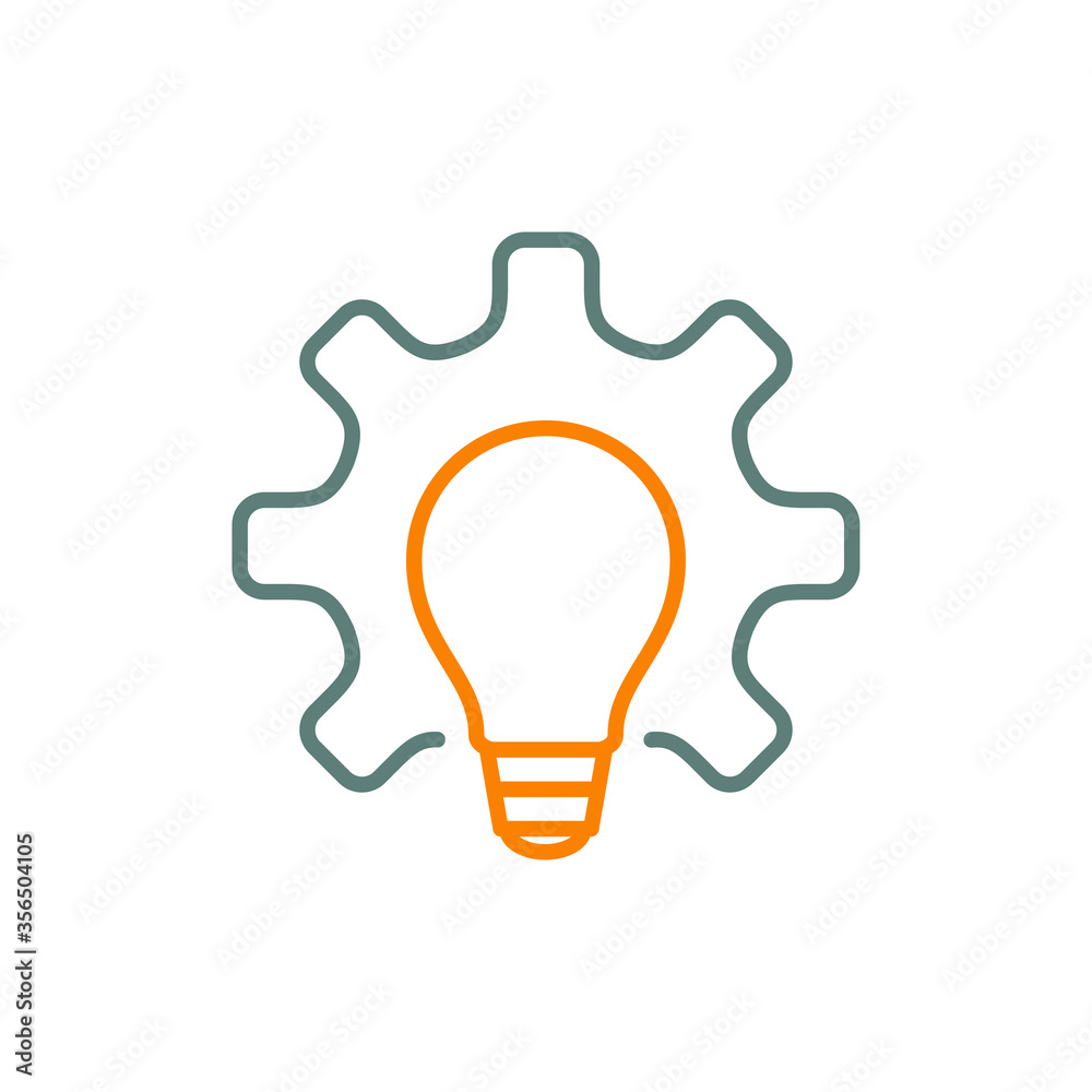 Icono plano lineal engranaje con bombilla en gris y naranja Icono plano lineal engranaje con bombilla en gris y naranja
