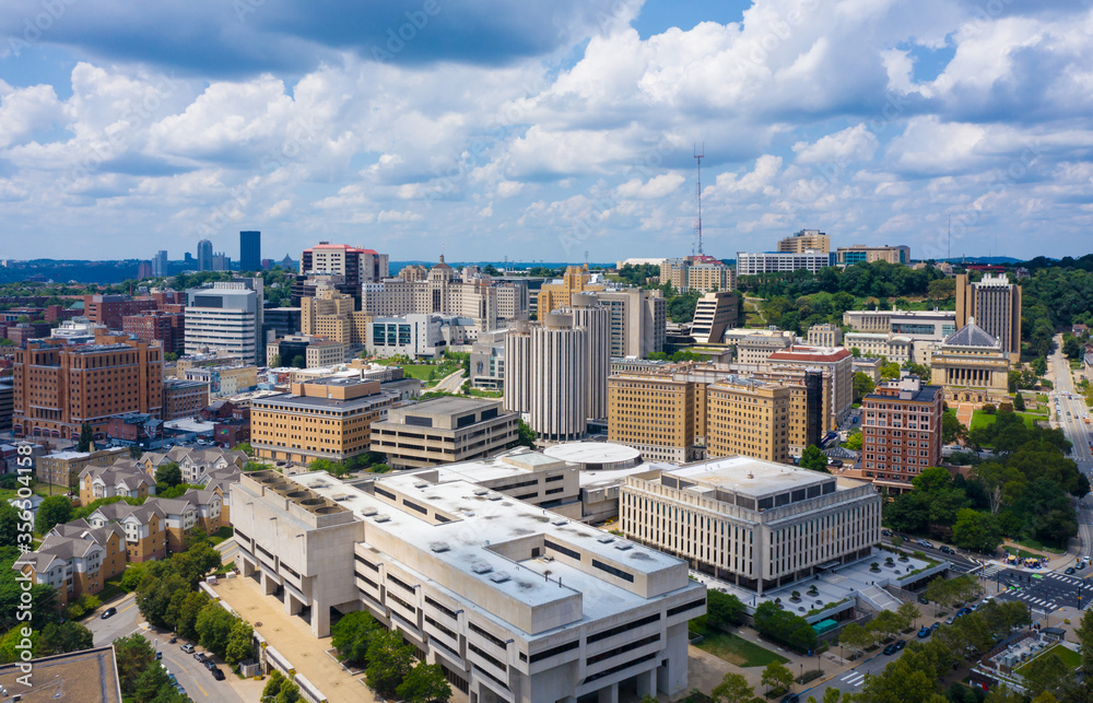 Aerial view of university campus in Pittsburgh, Pennsylvania