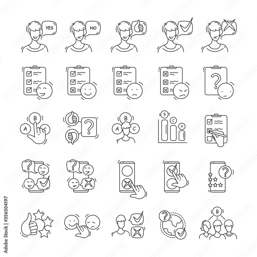 Client feedback icon pack. Online marketing research and consumer communication strategy, audience demand and service quality review concept pictograms. Editable stroke linear vector illustrations