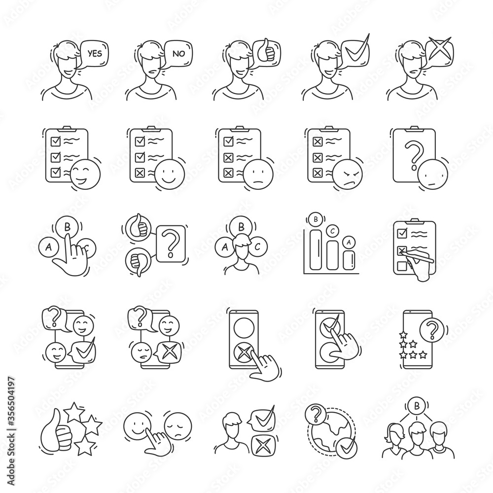 Client feedback icon pack. Online marketing research and consumer communication strategy, audience demand and service quality review concept pictograms. Editable stroke linear vector illustrations Client feedback icon pack. Online marketing research and consumer communication strategy, audience demand and service quality review concept pictograms. Editable stroke linear vector illustrations