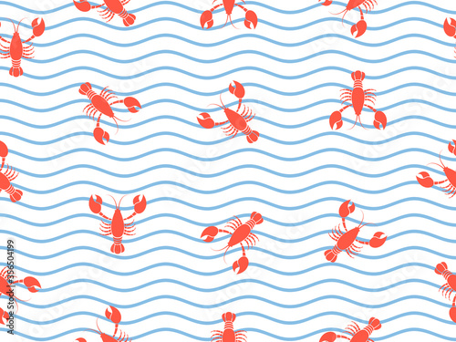 Lobster seamless pattern sea wave background. Seafood vector illustration.