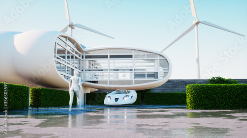 House of future. Futuristic flying car with walking woman. 3d rendering.