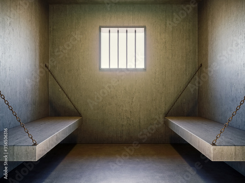 View of the prison cell with sun shining through the window, 3d Render, 3d Illustration
