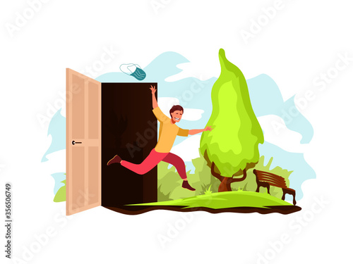 A happy person rejoices at the end of isolation, jumps out of the door into nature to a green tree and a bench