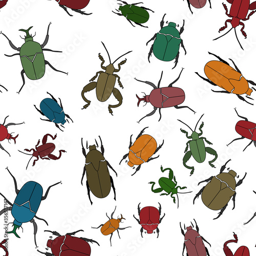 Seamless pattern of multicolored beetles on a white background. Bugs drawn for printing. © tattidanilova