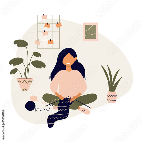 Cheerful female knits vector flat illustration. Smiling woman knits at home isolated on white background. Stay at home. Everyday routine of modern housewife