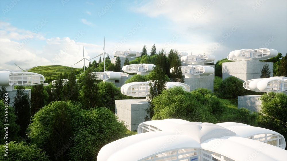 futuristic city, village. The concept of the future. Aerial view. 3d rendering.