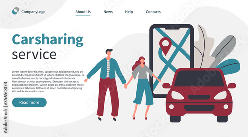Vector illustration of young couple booking a car using carsharing mobile app service. Smartphone application to find vehicle near you. Navigation and maps on the screen. Landing page, banner