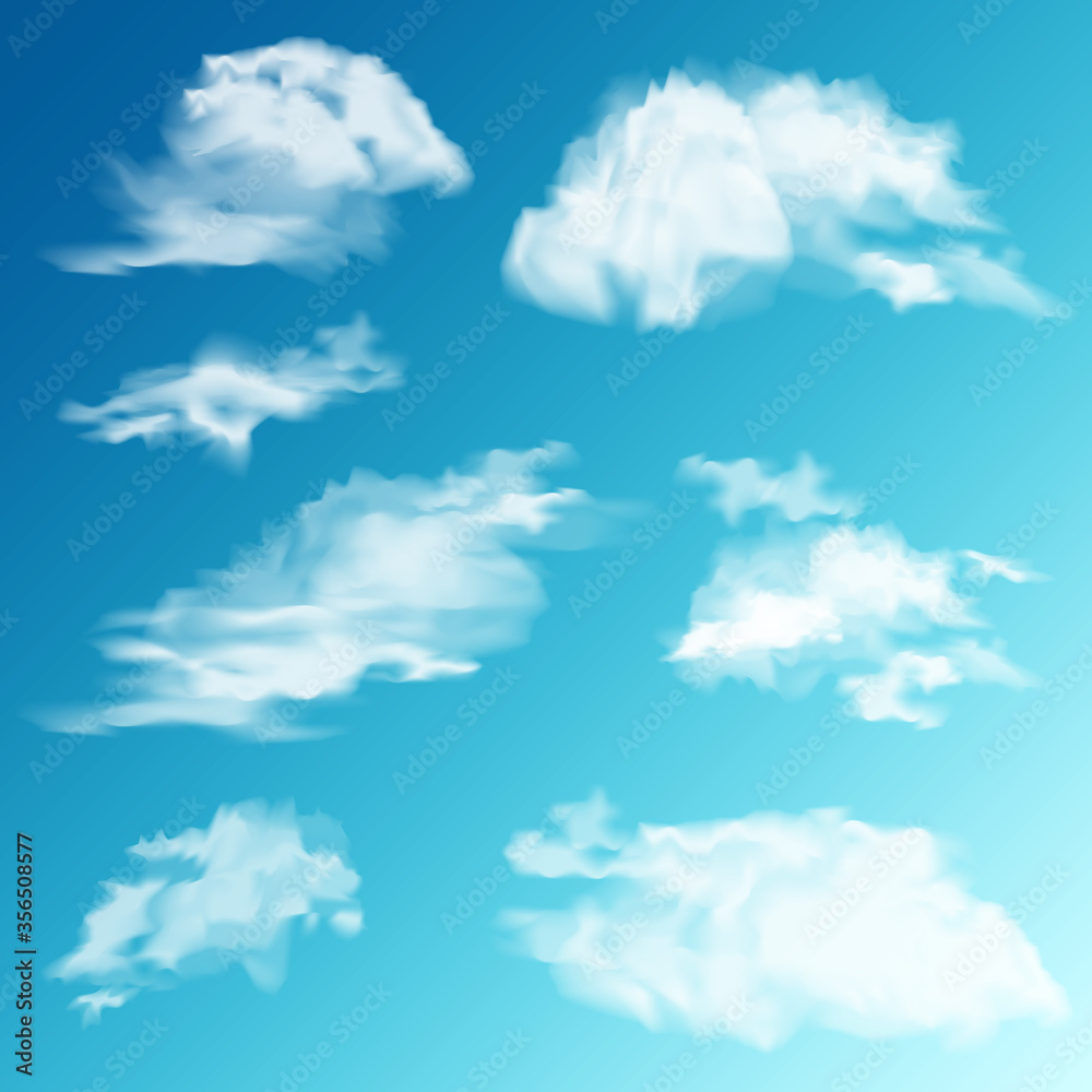Realistic Clouds Set. White cloud. Blue Sky Panorama. Vector Illustration.