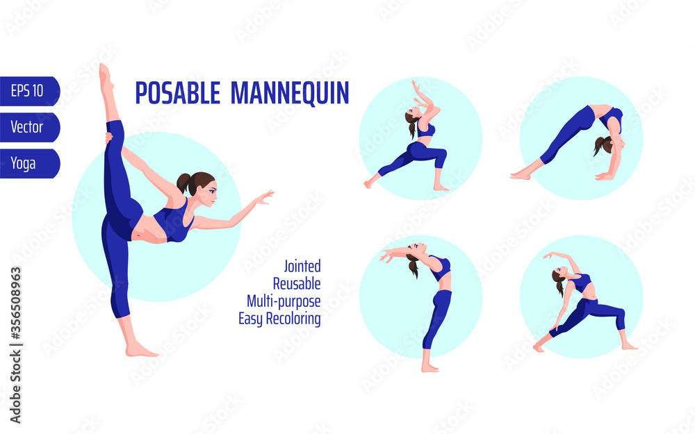 Set of vector women doing yoga poses. Five isolated girls in sport clothes on white background. Blue yoga outfit. Sport ladies lifestyle. Healthy and athlete female body. Stretching in the gym.