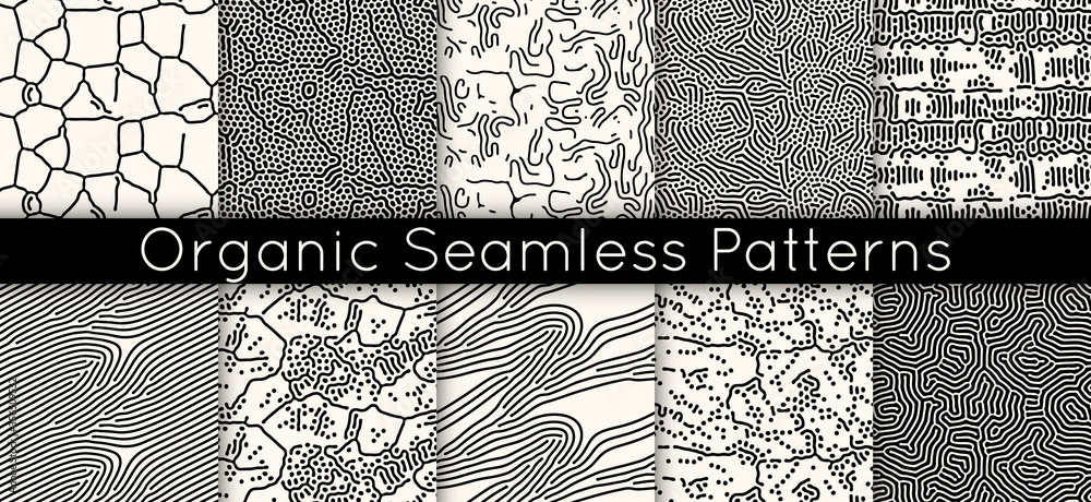 Set of 10 seamless vector abstract pattern with lines and dots in monochrome. Background of repeatable organic rounded shapes inspired by nature, natural maze texture.