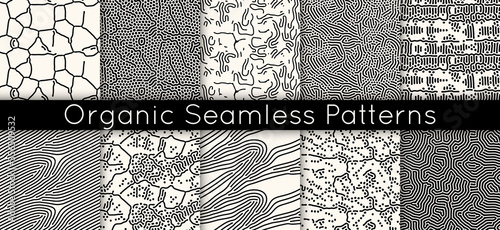 Set of 10 seamless vector abstract pattern with lines and dots in monochrome. Background of repeatable organic rounded shapes inspired by nature, natural maze texture.