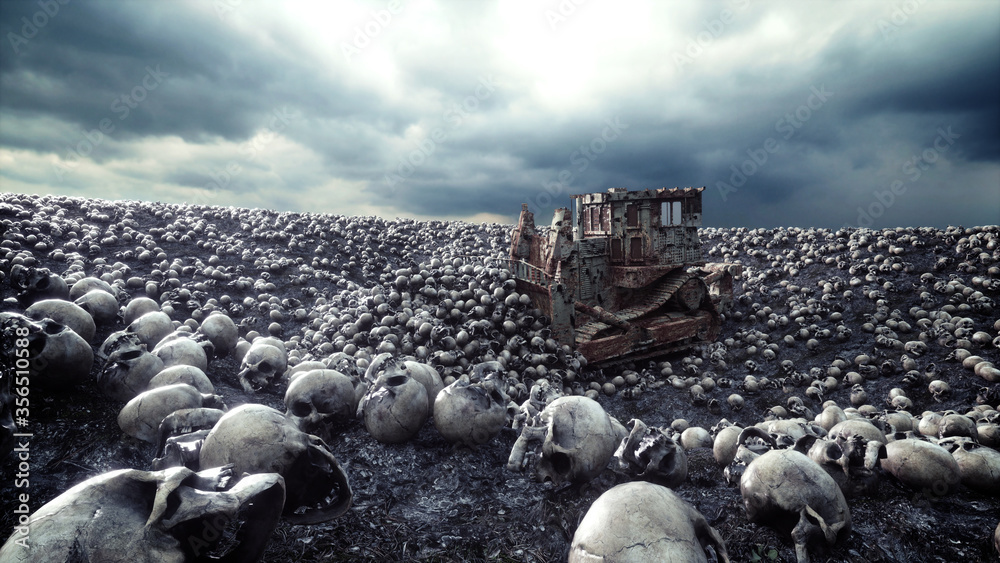 Old bulldozer and pile of skulls. Apocalypse and hell concept. 3d rendering.