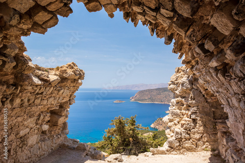 Sea view from the ruins of a small chapel. The castle of Monolithos on Rhodes island. Greece