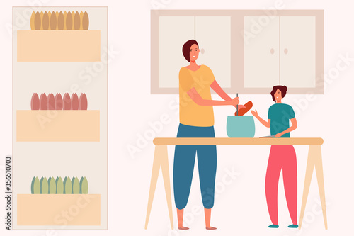 
Cartoon mom and daughter cook food in the kitchen. A happy family. Flat vector illustration. Younger generation. Quarantine at home. Summer concept.