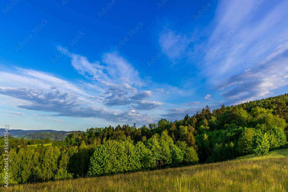 View of nature surrounded by forest and in the sky full of clouds with a view of the mountain landscape around the Beskydy Mountains.