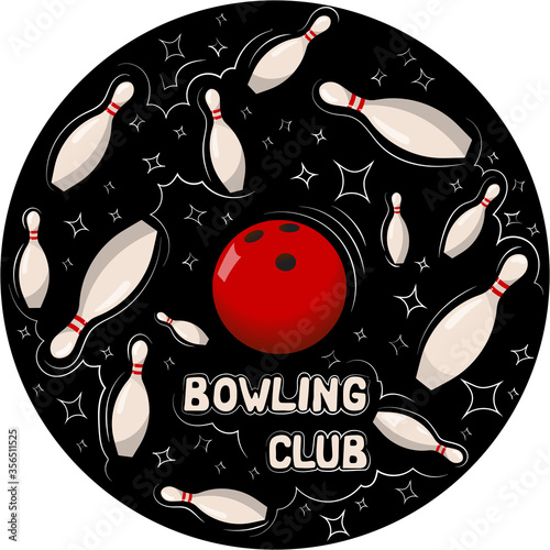 Red bowling ball breaks white skittles on a dark background.