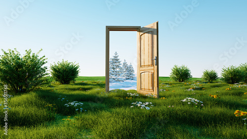 opened door. A portal winter to summer  Change of seasons concept. Transition. 3d rendering.