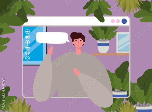 Man avatar with bubble on website in video chat design, Call online conference and webcam theme Vector illustration