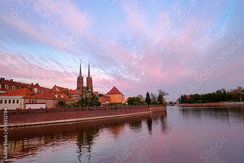 Wroclaw (Breslau). Cathedral of St. John under dramatic purple sky at the river Oder