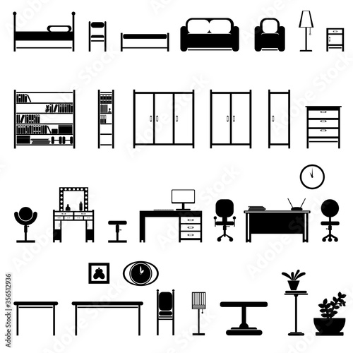 set of furniture b interior items 2d in black and white. all objects are isolated curves. interior items can be easily removed