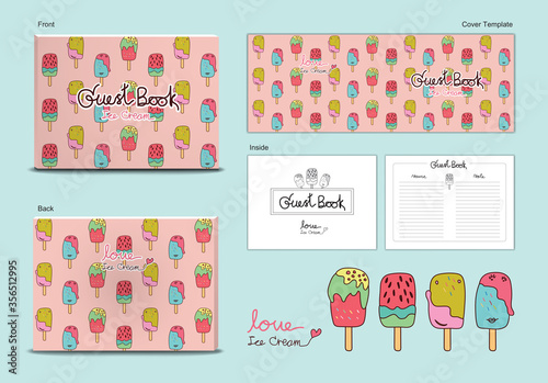 guest book Cover and inside page ice Cream Sweets desserts themes vector illustration, cute guest book