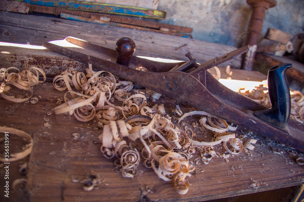 Wood shavings on the carpenter's workbench