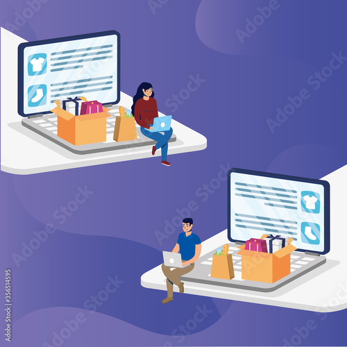 shopping online ecommerce with couple buying in laptop