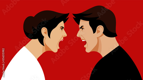 Conflict. Quarrel. Swearing. The dispute between a man and a woman. An angry woman screams at the furious man. An emotional illustration of two lovers or spouses of a couple who does not get along.